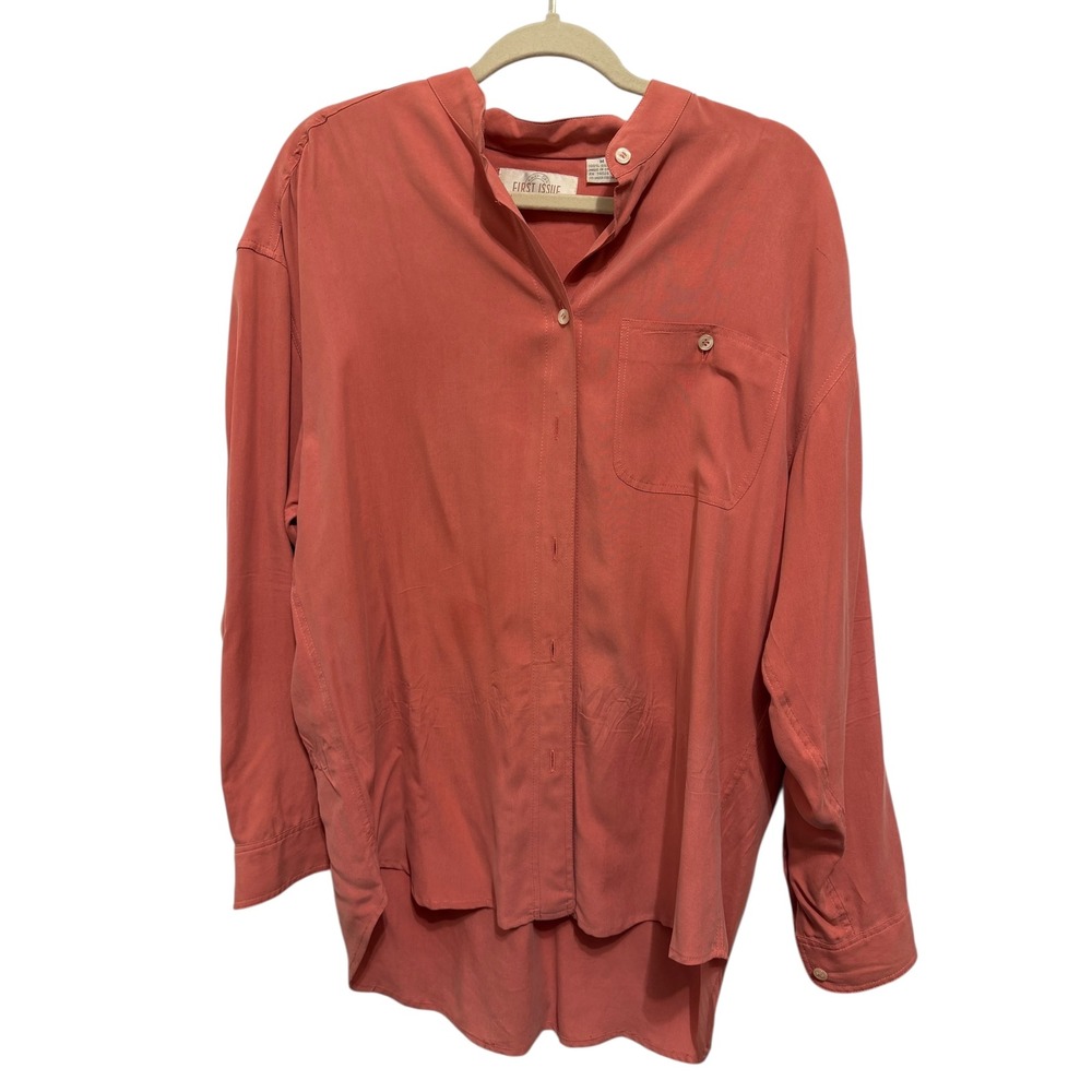 Vingtage Silk Mandarin Collar‎ Button Front Blouse Coral M